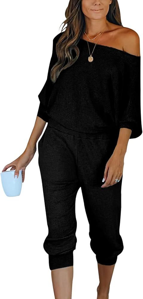 PRETTYGARDEN Women's 2 Piece Ribbed Tracksuit Outfits Off Shoulder Long Sleeve Pullover Long Pants w | Amazon (US)
