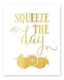 Squeeze The Day Lemonade Sign, Lemon Decor Gold Foil Print, Foil-Pressed Cardstock Kitchen Wall Art  | Amazon (US)