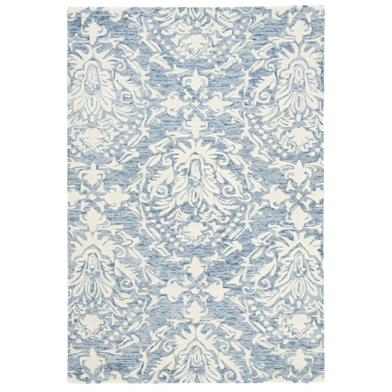 Ferrera Ikat Handmade Tufted Wool Blue / Ivory Area Rug | Wayfair North America