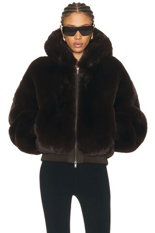 SKIMS Ski Faux Fur Shrunken Zip Up Jacket in Chocolate | FWRD 