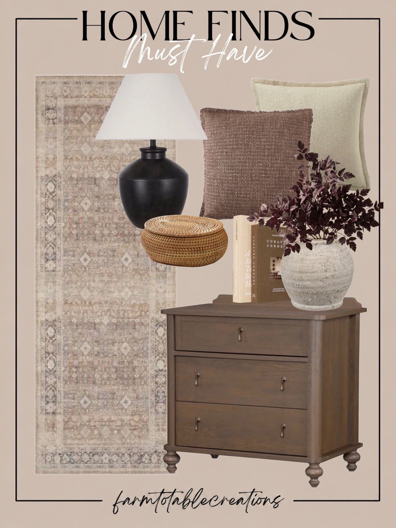 Cozy Home Finds You’ll Want to Save 🤎

These home finds are giving warm, collected and effortlessly cozy. The mix of soft neutrals, rich brown tones, vintage-inspired pattern and natural woven texture creates a space that feels elevated while still completely livable.

Follow @farmtotablecreations on Instagram for more cozy home finds and trending decor.

I love the contrast of the black lamp against the warm wood nightstand, especially paired with the faded rug and textured pillows. Add a stoneware vase with deep burgundy stems and a few stacked books for an easy transitional look that works beautifully from late summer straight into fall.

#LTKHome #HomeFinds #HomeMustHaves #CozyHome #NeutralHome #WarmNeutrals #BedroomDecor #BedroomInspo #VintageInspired #TransitionalDecor #HomeDecor #AffordableHomeDecor #CozyDecor #HomeInspo #FallHome

#LTKHome