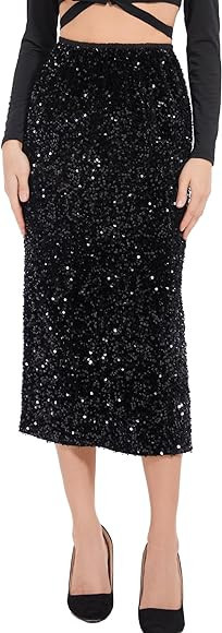 Dwirapal Women’s Sequin Velvet Skirt Elastic High Waist Sparkle Split Hem Night Out Party Maxi ... | Amazon (US)