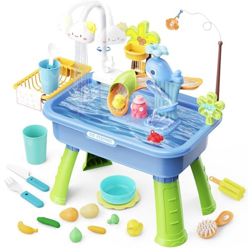 SHXYKZ Water Table for Toddlers 1-3, Water Table for Kids Ages 4-8 with Pump, Play Sink with Running Water, Kitchen Sink for Toddlers, Fishing Game and Outside Sensory Toys, Blue | Amazon (US)