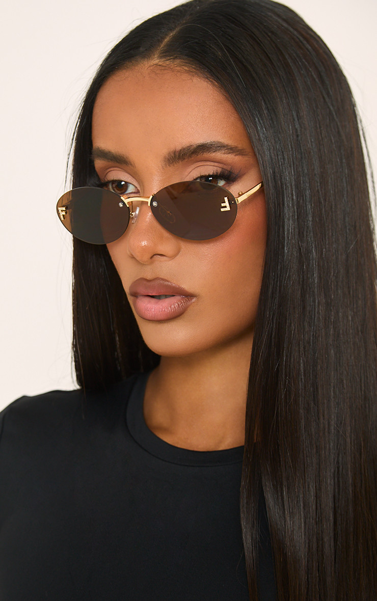 Oval Shape Logo Detail Thin Frame Sunglasses In Brown | EGO (UK)