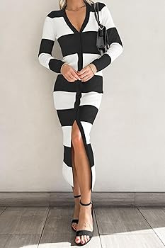 PRETTYGARDEN Women's Striped Sweater Dress Long Sleeve V Neck Button Down Knit Bodycon Maxi Dress... | Amazon (US)