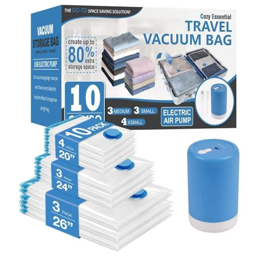 Cozy Essential Travel Vacuum Storage Bags with Rechargeable Wireless Electric Pump for Luggage, Suitcase, Carry-on Size Vacuum Seal Compression Space Saver Bags for Clothes and Clothing, 10 Combo | Amazon (US)