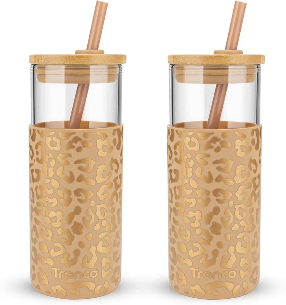 Tronco 20 oz Glass Tumbler with Straw and Bamboo Lid, Iced Coffee Cup Reusable, Smoothie Cups, Tu... | Amazon (US)