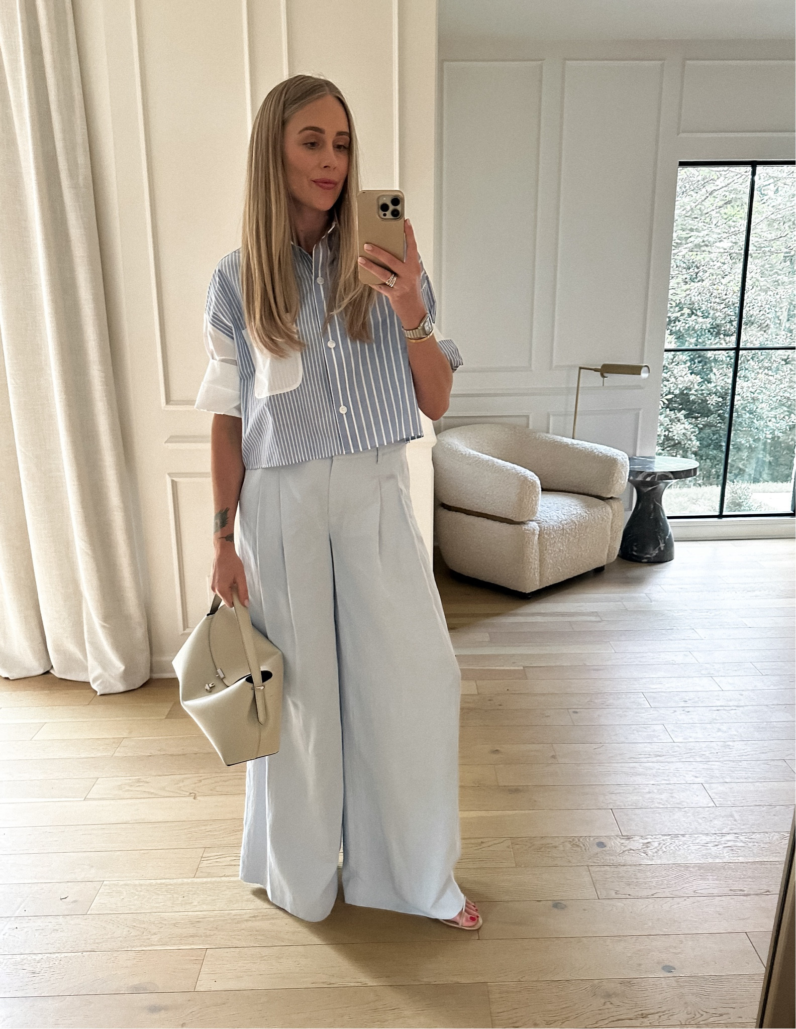 Fashion Jackson summer outfit, blue trousers, blue stripe shirt, nude sandals, white toteme handbag #fashionjackson 

#LTKStyleTip #LTKOver40