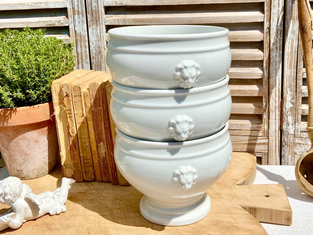 ONE Large Lions head French vintage white Ironstone Tureen soup serving dish, White porcelaine ja... | Etsy (US)