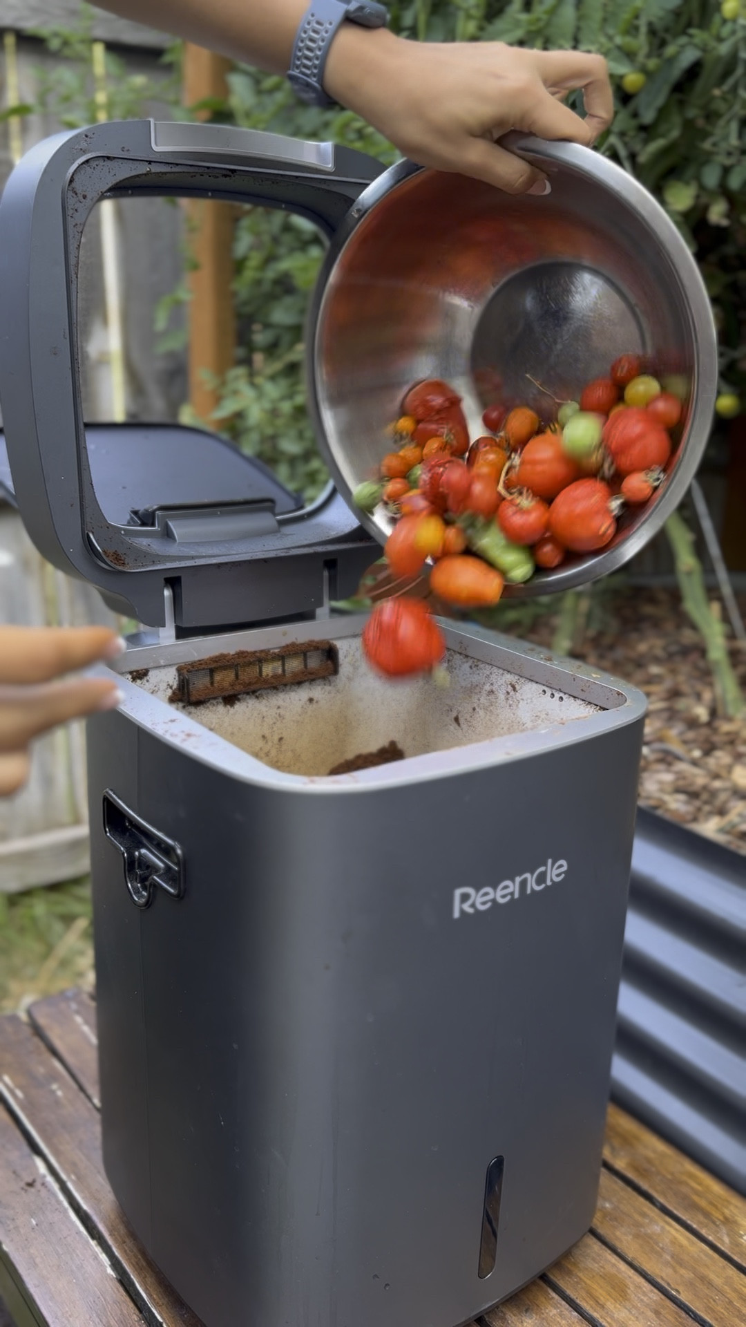 Last summer, we randomly had a hail storm that damaged our tomato plants. Luckily we were able to toss them into our Reencle indoor composter to turn it into compost and put it right back into our garden.

The composter is odorless, noise-less, and super compact while still fitting an enormous amount of scraps.