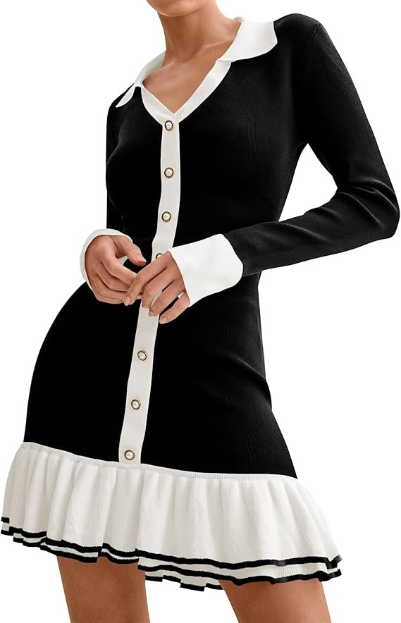 MIROL Women's Ruffle Mini Bodycon Dress 2024 Fall Long Sleeve Contrast Lapel Collar Sweater Dress | Amazon (US)