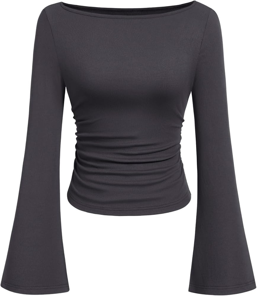 PRETTYGARDEN Women's Long Sleeve Shirts 2025 Fall Crop Going Out Tops Casual Boat Neck Bell Sleev... | Amazon (US)