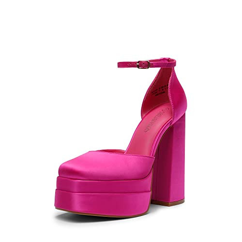 DREAM PAIRS Women’s High Chunky Platform Closed Toe Block Heels Square Toe Ankle Strap Dress Wedding Party Pumps Shoes Aurelia,Size 6.5,Rose Red-Satin,SDPU2319W | Amazon (US)