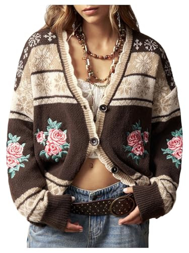 SHENHE Women's Floral Embroidered Fair Isle Cardigan Button Up V Neck Oversized Cardigan Sweater | Amazon (US)