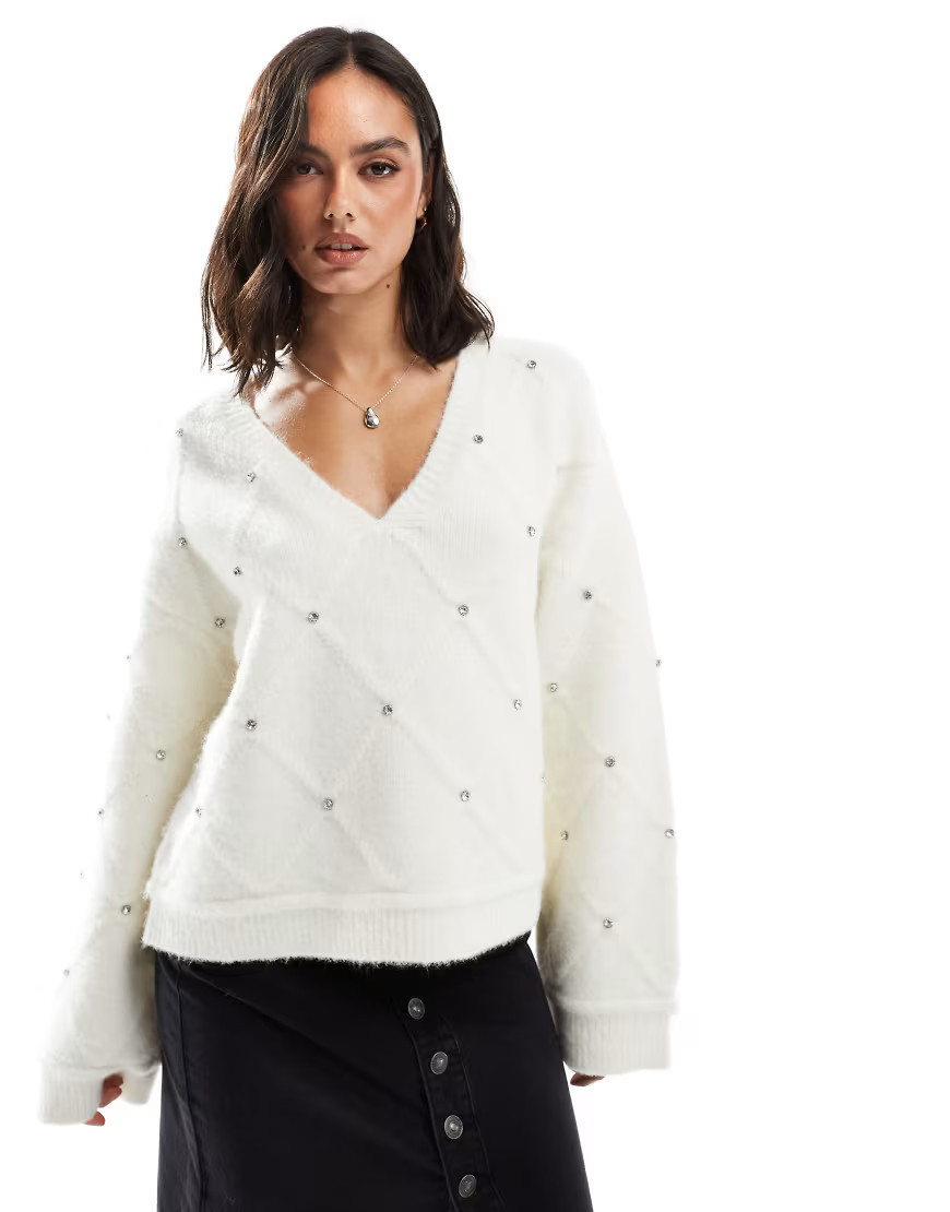 Miss Selfridge diamond pattern embellished wide sleeve sweater in cream-White | ASOS (Global)