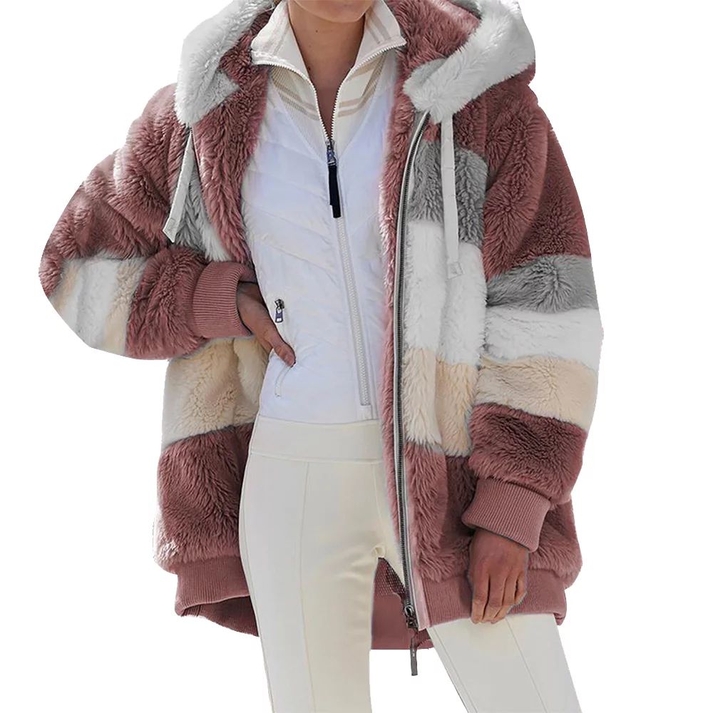 KZKR Winter Plush Coat for Women Color Block Long Sleeve Cardigan Casual Loose Fit Hooded Jacket ... | Walmart (US)