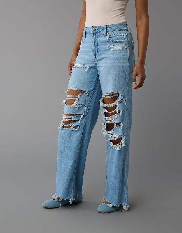 AE Dreamy Drape Stretch Ripped Super High-Waisted Baggy Wide-Leg Jean | American Eagle Outfitters (US &amp; CA)