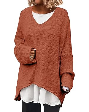 Saodimallsu Womens Oversized V Neck Sweaters Batwing Long Sleeve Knit Fall Slouchy Pullover Sweat... | Amazon (US)