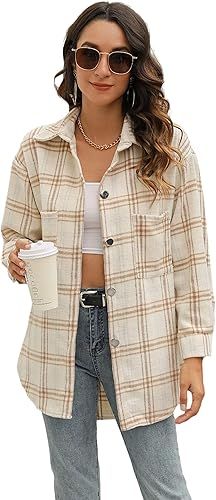 Himosyber Womens Casual Button Down Plaid Lapel Brush Wool Blend Shacket Blouse Shirt Coat | Amazon (US)