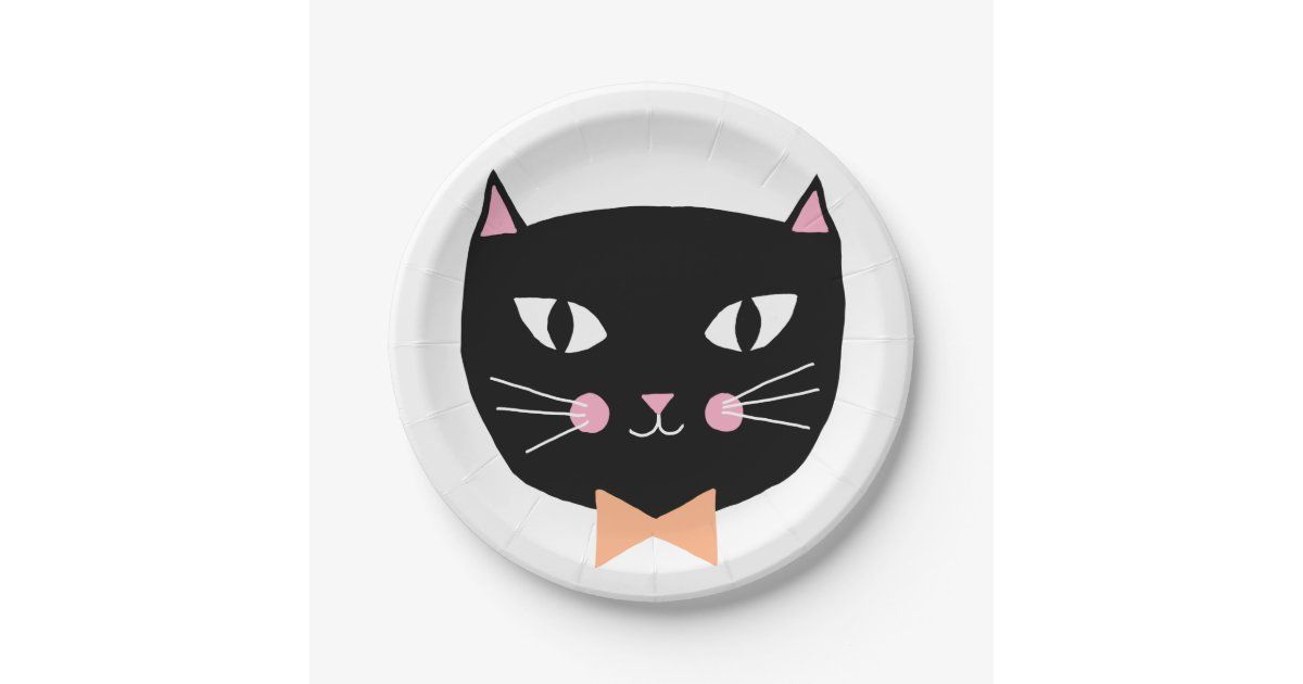 Cute Black Cat Bow Tie Halloween Birthday Paper Plates | Zazzle | Zazzle