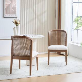 Quintra Upholstered Cane Webbing Dining Chairs, Rubberwood, White + Walnut, Set of 2 | The Home Depot