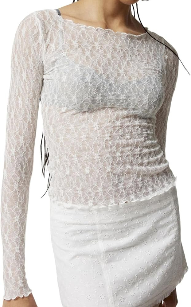 Gihuo Womens Mesh Top Long Sleeve See Through Shirt Crewneck Lace Tops Y2k Sexy Sheer Blouse Stre... | Amazon (US)