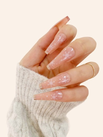 24pcs Snowflake Pattern Fake Nail & 1pc Nail File & 1sheet Tape | SHEIN