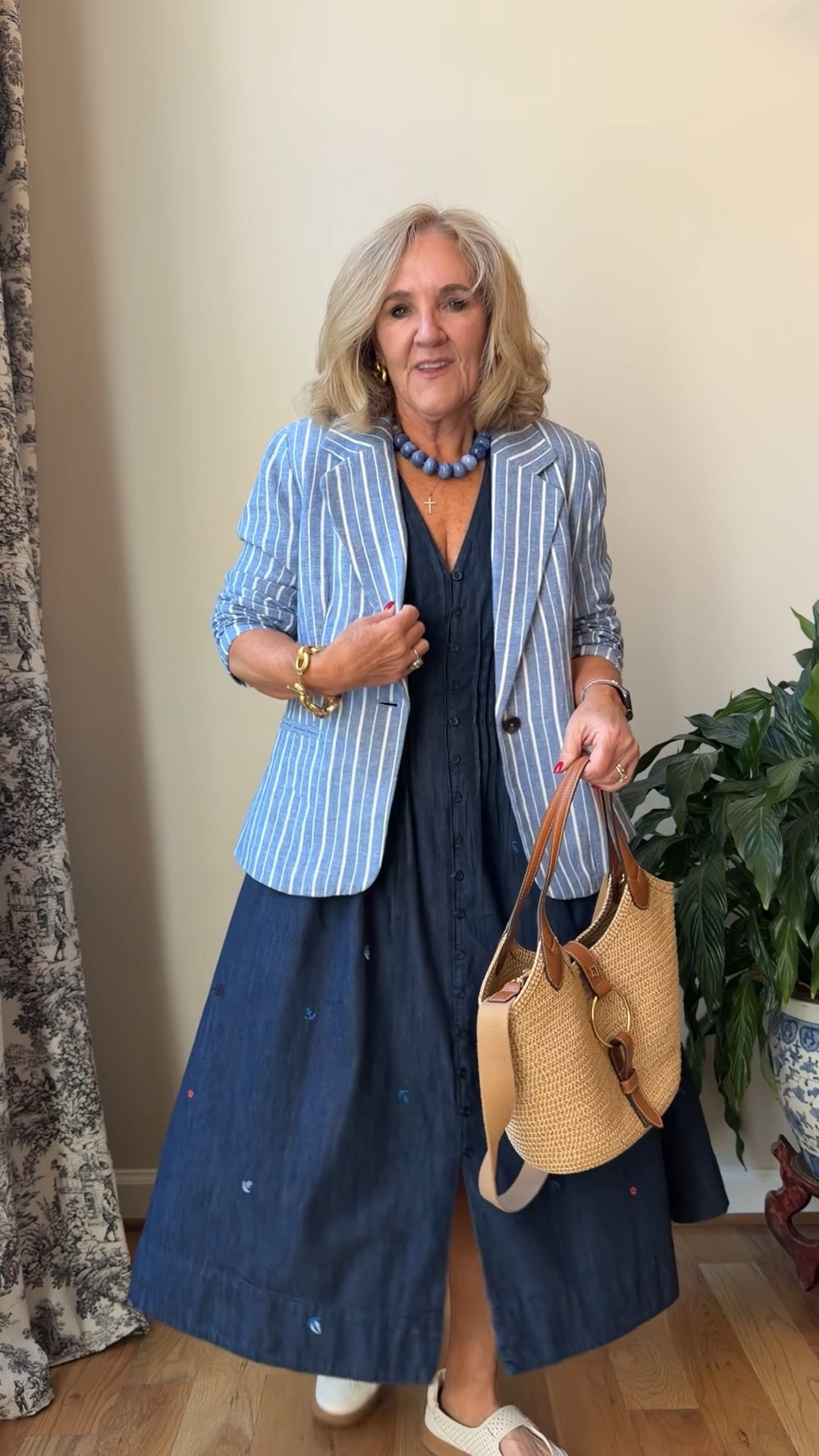 Walmart dress & blazer size medium 
Bag 10% off with code NANETTE 
sneakers true to size 
Business casual denim dress linen blazer

#LTKOver40 #LTKWorkwear #LTKootd