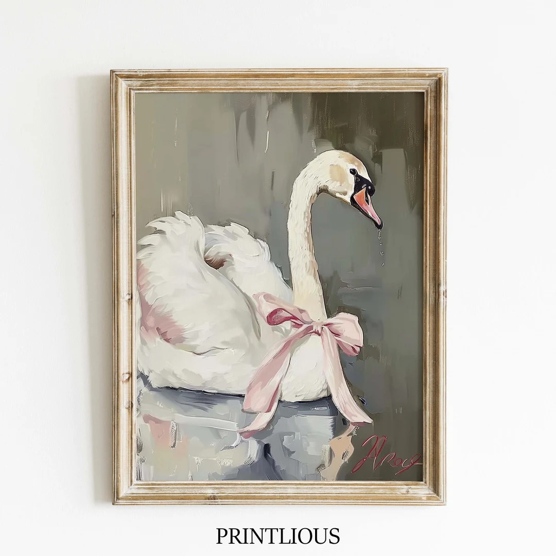 Swan Print Pink Girly Painting Soft Printable Wall Art Blush Pink and Green Decor Girly Office Pa... | Etsy (US)