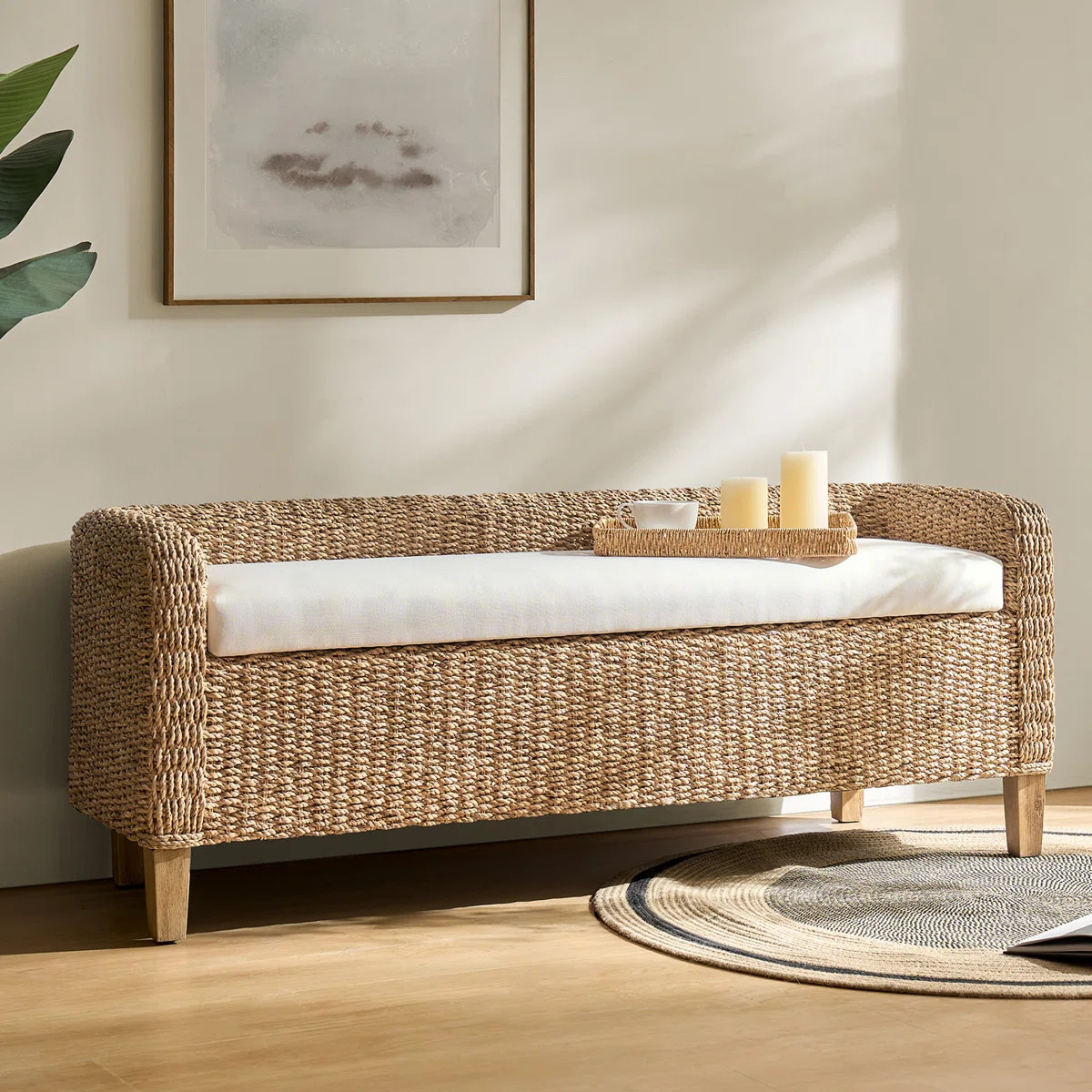 Anesty 57.25" Boho Wicker Upholstered Storage Bench | Wayfair North America