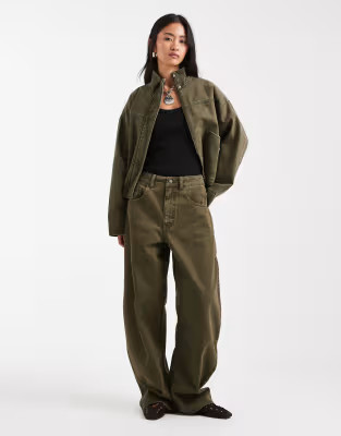 ASOS DESIGN high waisted barrel leg jeans in khaki | ASOS (Global)