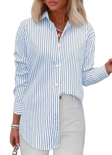 Diosun Womens Striped Button Down Shirts Classic Long Sleeve Stylish Collared Office Work Blouses Tops (L, Striped Light Blue) | Amazon (US)