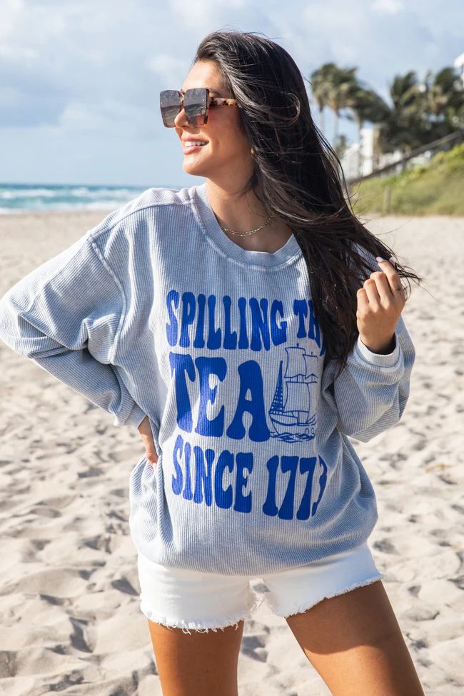 Spilling the Tea Since 1773 Faded Denim Corded Graphic Sweatshirt | Pink Lily