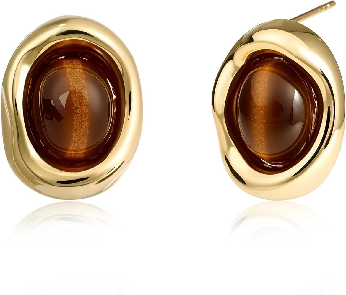 Tiger Eye Stud Earrings 14K Gold Plated Vintage Brown Gemstone Earrings with Oval Tiger Eye Jewel... | Amazon (US)
