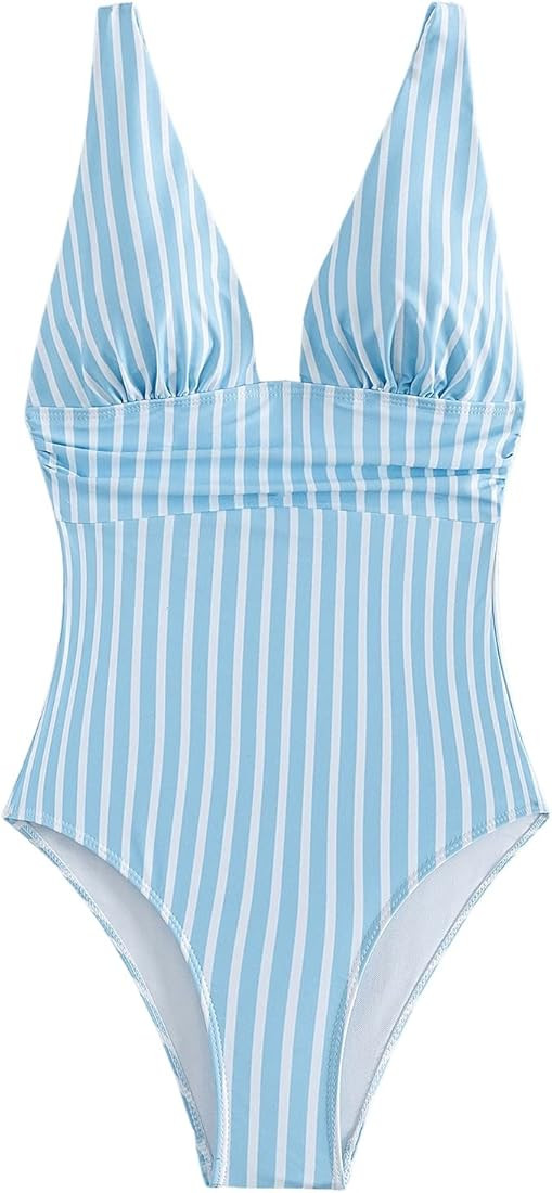 SweatyRocks Women's Striped Deep V Neck One Piece Swimsuit Tummy Control Bathing Suit | Amazon (US)