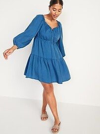 Ruffled Tie-Neck Chambray Swing Dress for Women | Old Navy (US)