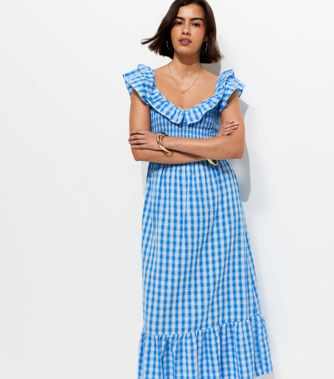 Blue Cotton Gingham Ruffled Neck Midi Dress | New Look | New Look (UK)
