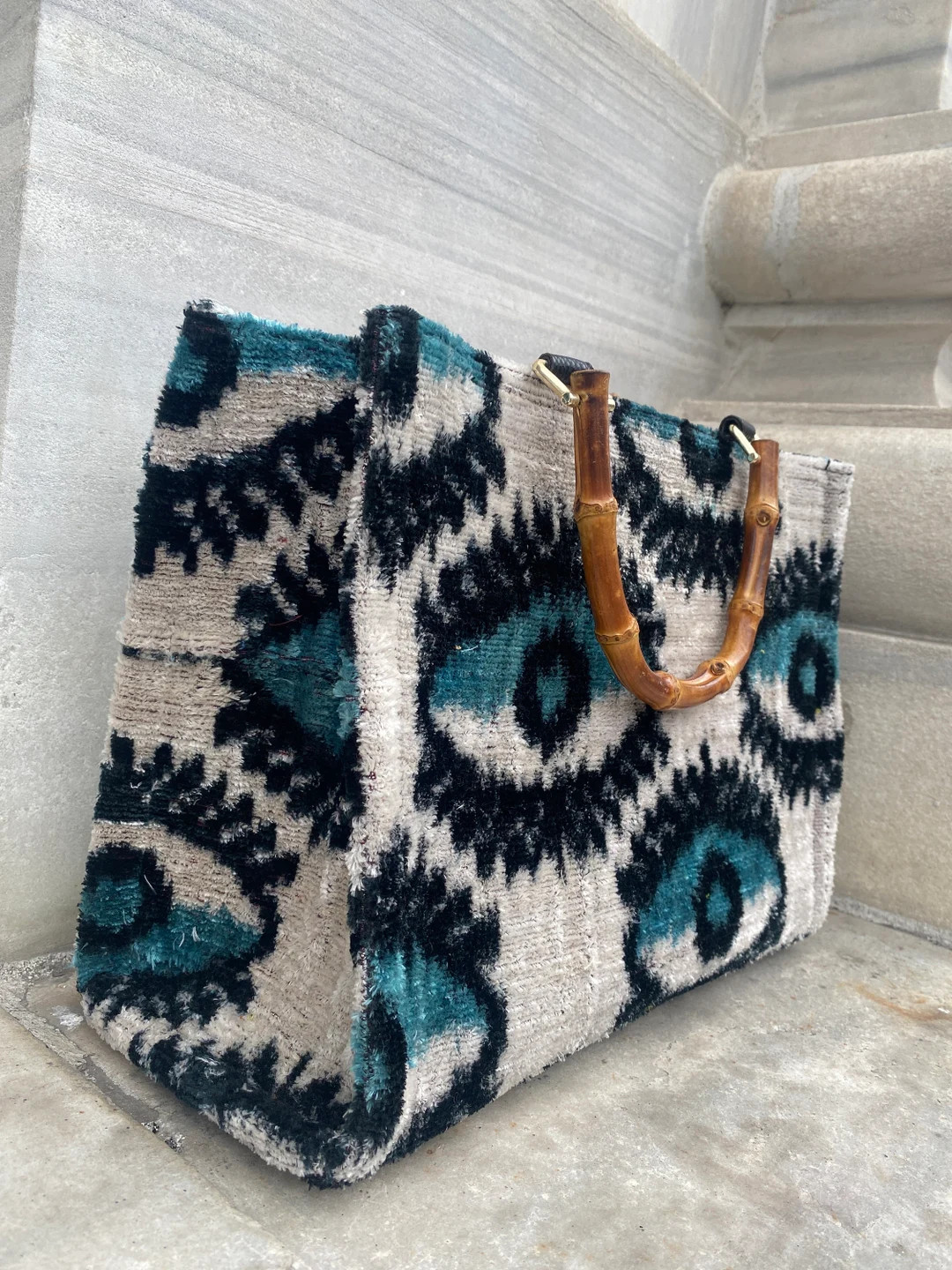 Handwoven Silk Velvet Ikat Tote Bag - Eco-Friendly, Bamboo Handles, Evil Eye Motif, Boho Style | Etsy (US)