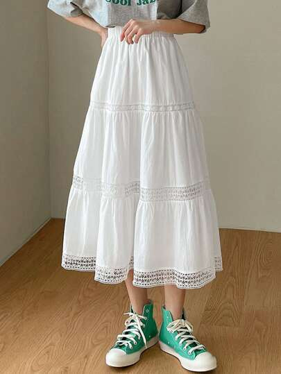 DAZY Guipure Lace Panel Ruffle Hem Skirt | SHEIN