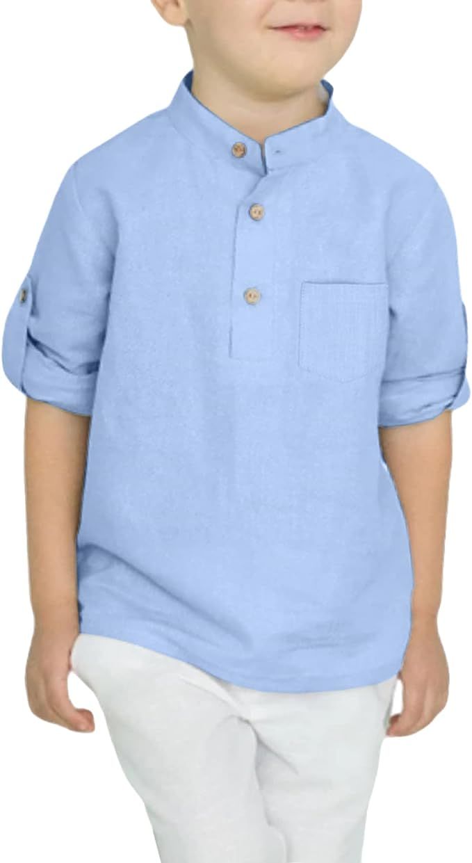 Arshiner Boys Cotton Linen Henley Shirt Button Down Shirt Long Sleeve T Shirt Beach Shirt Tee Cas... | Amazon (US)