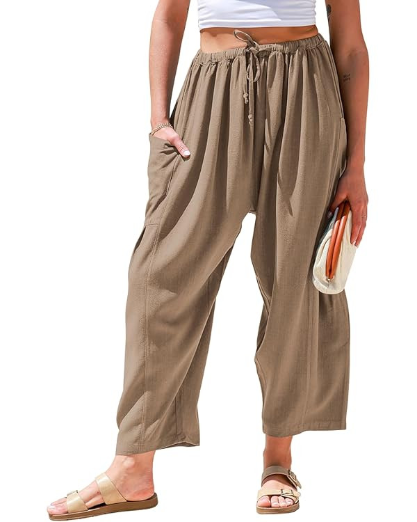 TARSE Womens Linen Wide Leg Pants Casual Loose Drawstring Summer Beach Travel Vacation Palazzo Ha... | Amazon (US)