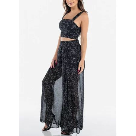Womens Juniors Sexy Party Summer Black Polka Dot Crop Top And Wide Legged Pants Two Piece Set Chiffo | Walmart (US)