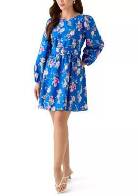 Crown & Ivy Women's Petite Long Sleeve Poplin Printed Swing Dress, Blue | Belk