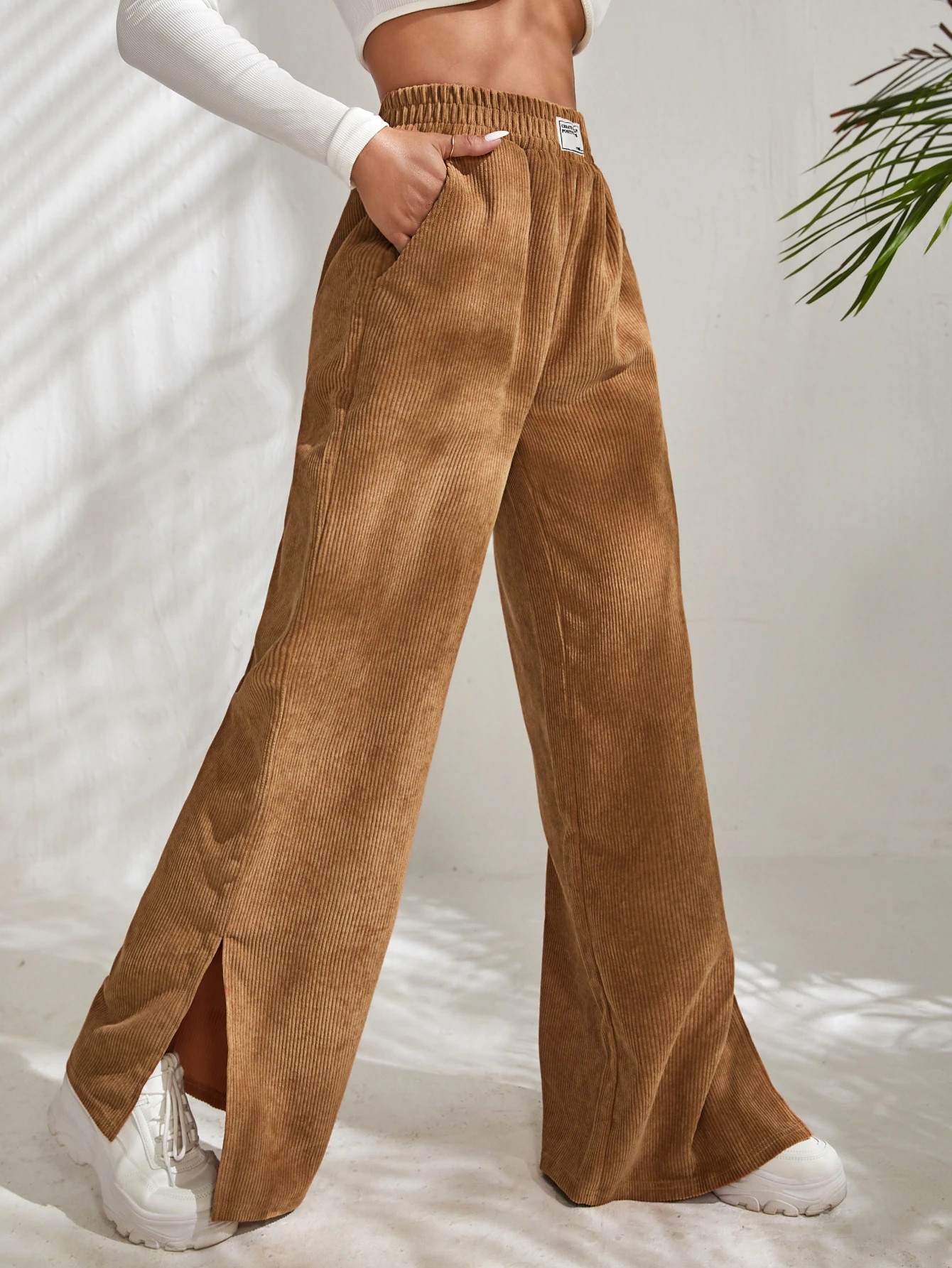 SHEIN EZwear Letter Patched Slit Hem Corduroy Pants | SHEIN