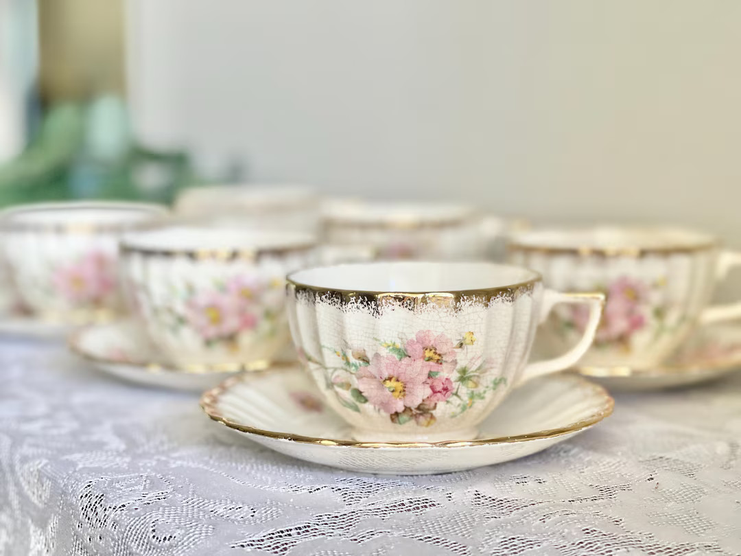 Set of 6 Vintage Pink Rose 22K Golden Ware Sebring Teacups Saucers Cottagecore Midcentury Floral ... | Etsy (US)