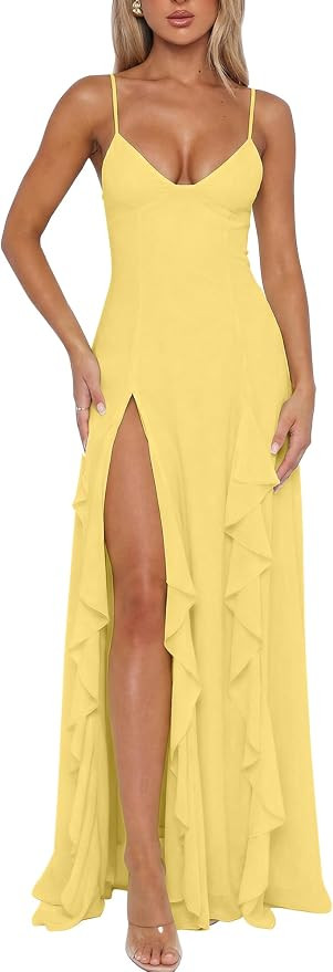 BORIFLORS Women's Sexy V Neck Spaghetti Strap Vacation Maxi Dress High Slit Cocktail Wedding Gues... | Amazon (US)