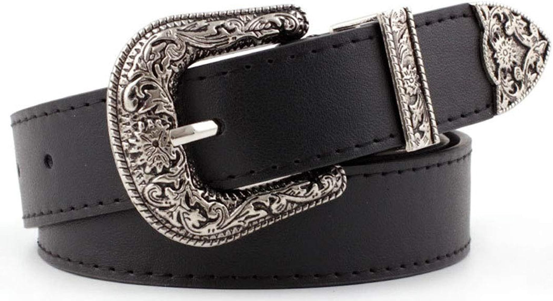 INOGIH Western-Leather-Belts-Women Vintage Waist-Belts with Hollow Out Flower Buckle | Amazon (US)
