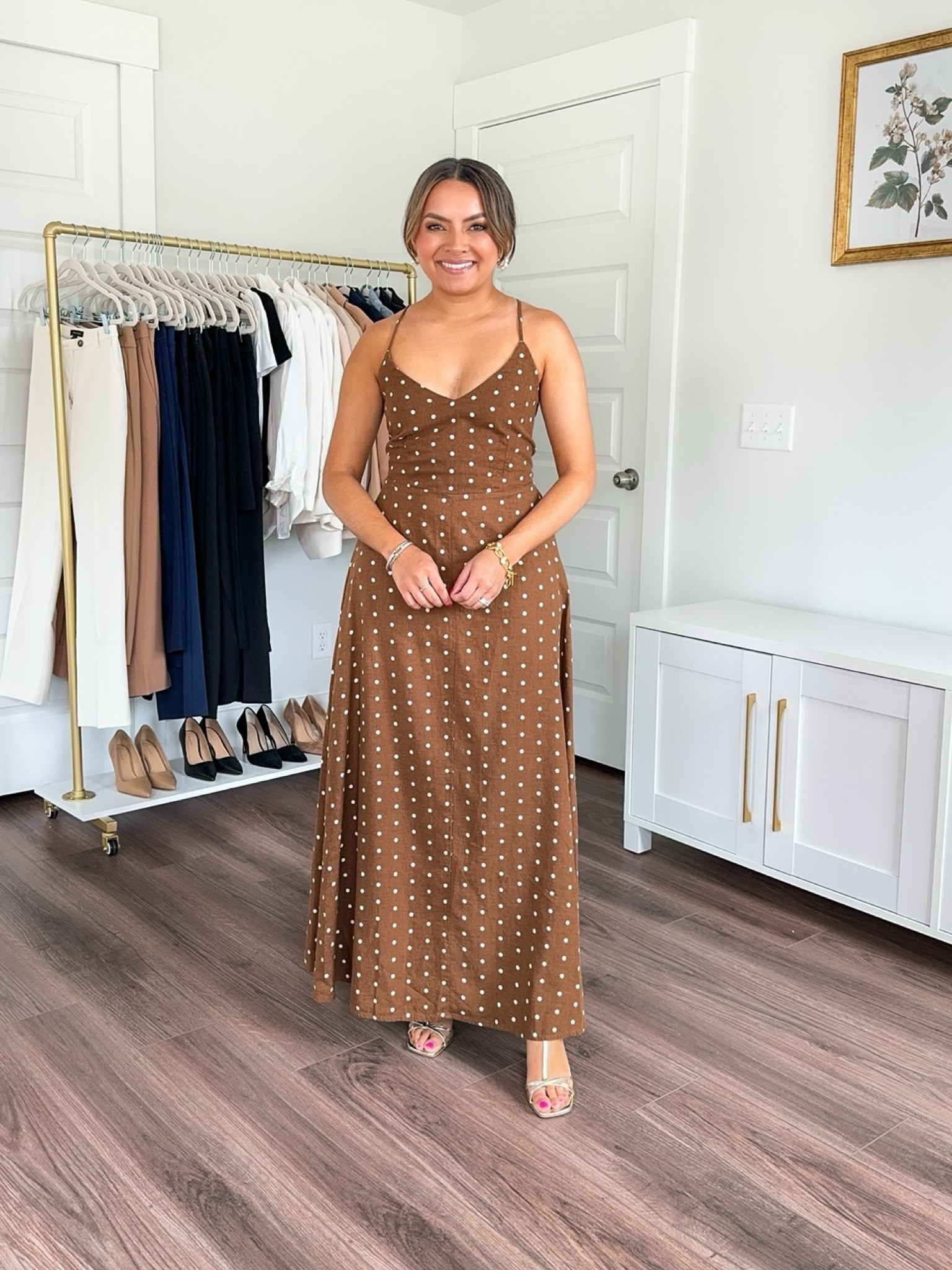 Brown polka dot sundress size XS TTS 
Gold heels size 5 TTS 

Summer outfit 
Summer dress 
Casual dress 
Summer style 
Nashville outfit 
Sandals 

Honey Sweet Petite 
Honeysweetpetite 

#LTKFindsUnder50 #LTKStyleTip #LTKParties