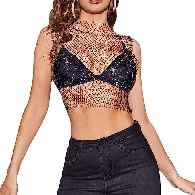 FlyCC Women's Sexy Sheer Mesh Rhinestone Sleeveless Beach Cover Up Crop Top Shirts | Amazon (US)