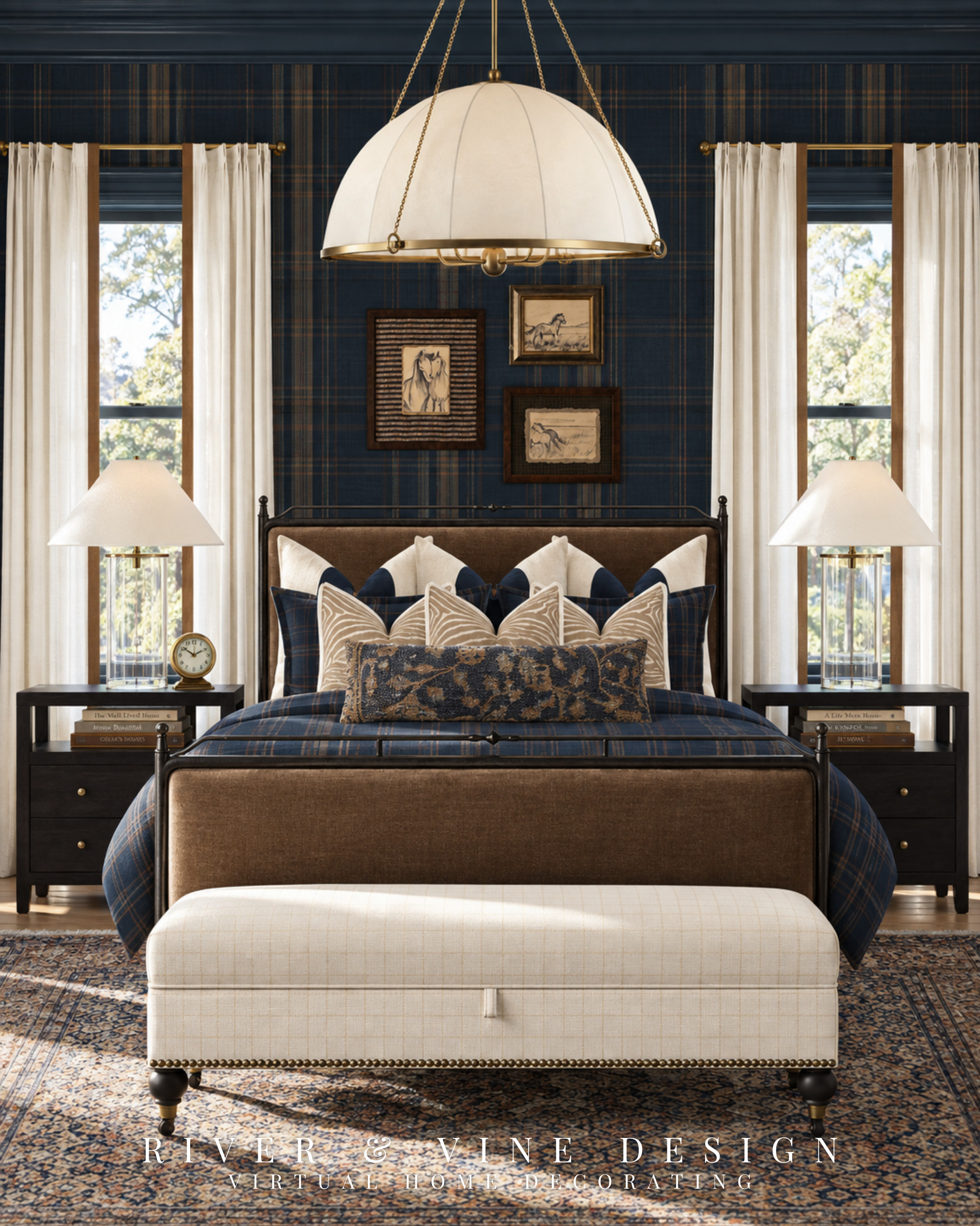 You keep saving bedrooms with rich colors and layers of pattern—then playing it safe when it’s time to buy the bedding.

This navy and brown bedroom brings those saved images a little closer to home: sunlight through ivory curtains, equestrian sketches above the bed, and layers that make you want to linger over the last chapter.

The trick to mixing the bedding is following the colors through each pattern. The floral lumbar repeats the navy and warm brown of the plaid, while its winding design breaks up those straight lines. Ivory accents give the richer colors room to breathe. Each layer has a purpose, which makes choosing the next piece easier.

Shop the plaid bedding and floral lumbar together to start building that collected, country-house feeling into your own bedroom.

navy and brown bedroom, English country bedroom, navy plaid bedding, plaid bedroom wallpaper, equestrian bedroom decor, layered bedding ideas, floral lumbar pillow, ivory upholstered bench

I may receive a commission from purchases made through my links.
 

 #LTKHome